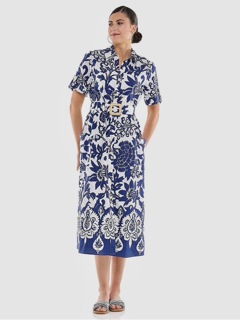 Joie Blue White Floral Cotton Midi Shirtdress Belted Short Sleeve Pockets Large - Picture 3 of 13